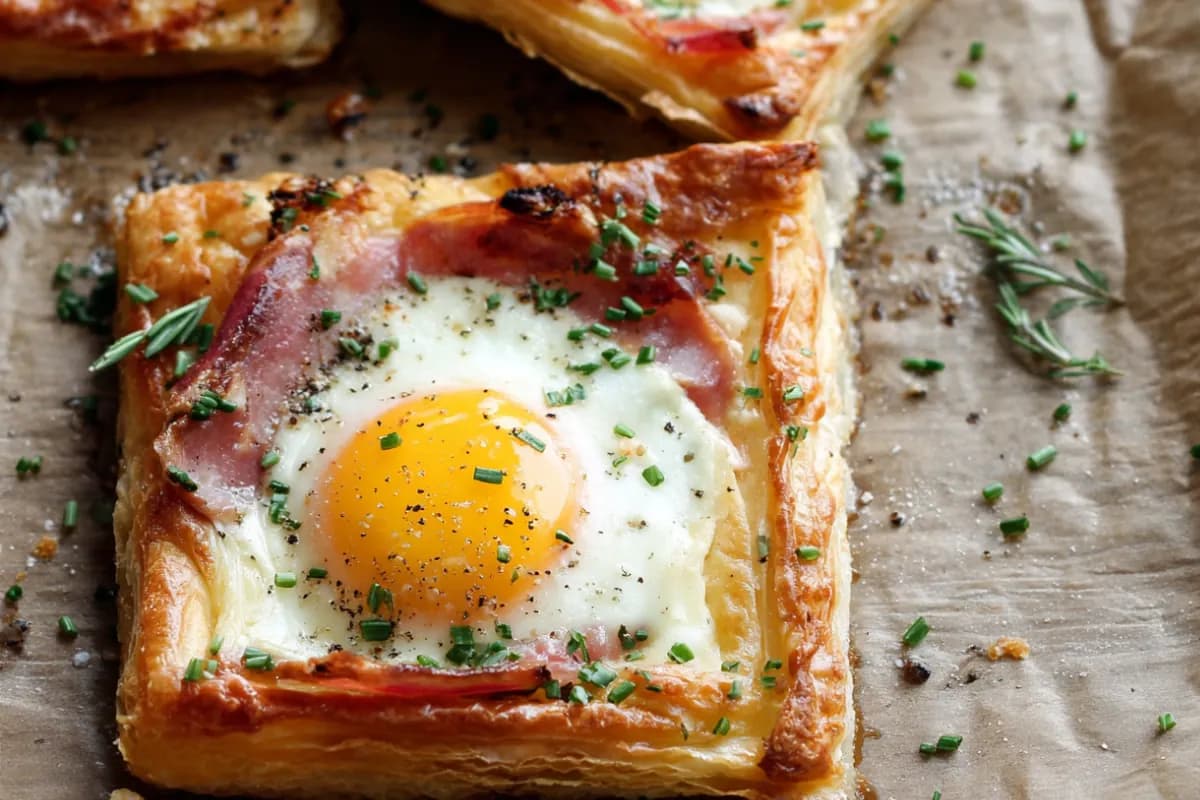 Puff pastry Croque Madame with ham, Gruyere, and baked egg
