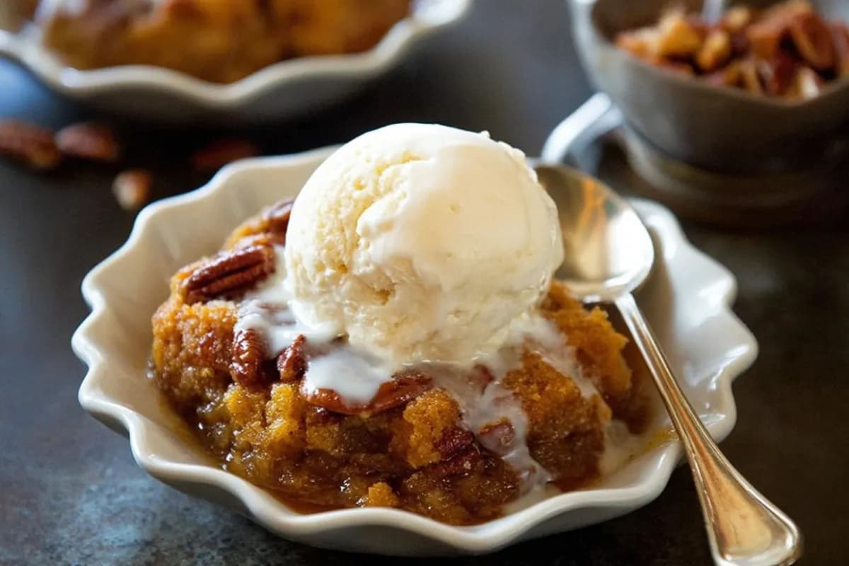 Pumpkin pecan cobbler topped with vanilla ice cream in a white bowl