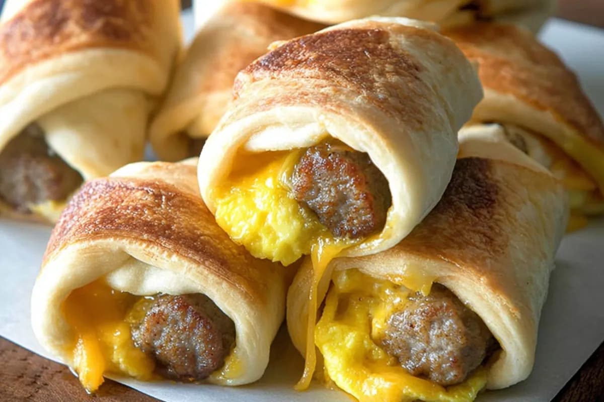 Golden baked sausage egg and cheese roll-ups with melted cheddar and flaky crescent dough.