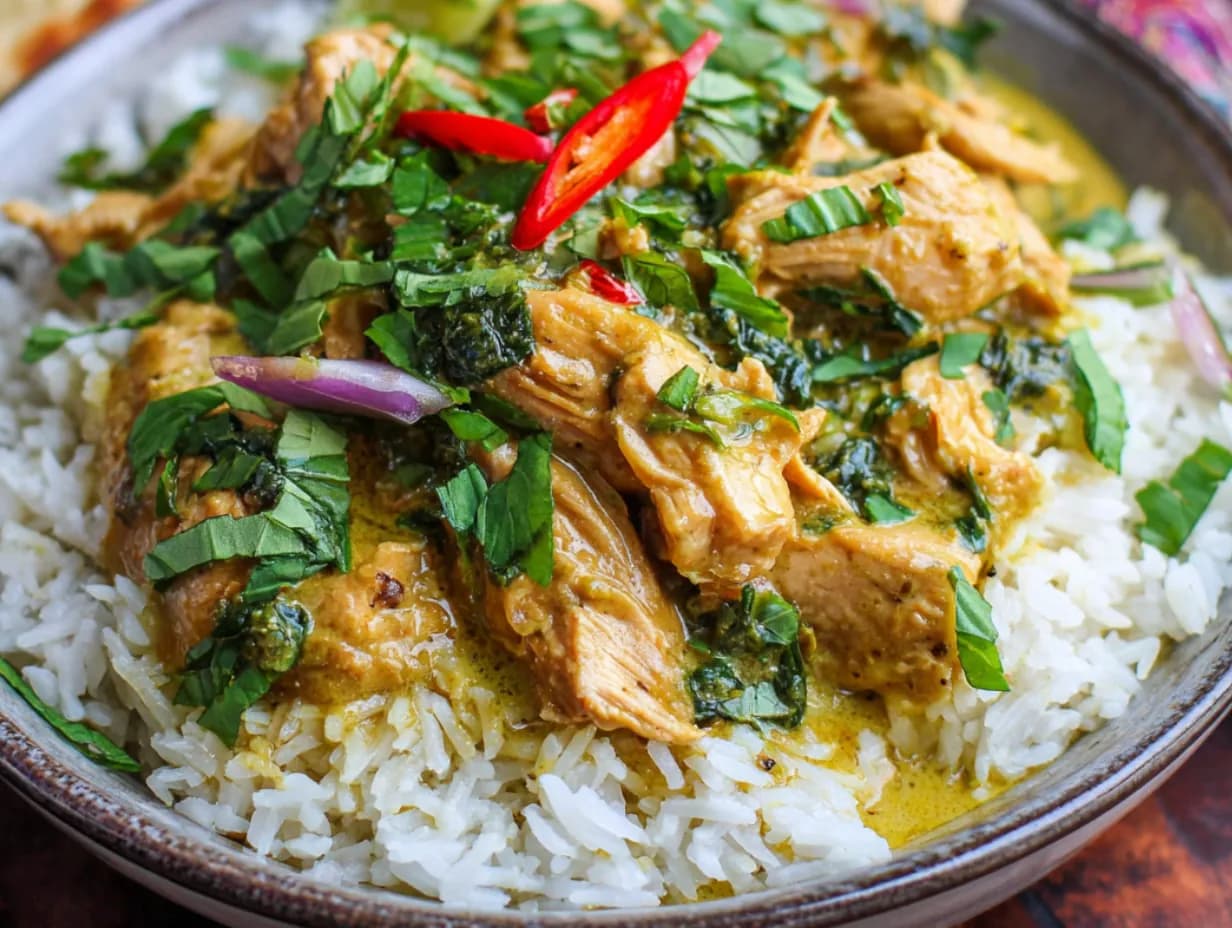 Slow Cooker Thai Basil Chicken Curry served over jasmine rice, topped with fresh basil and red chili slices