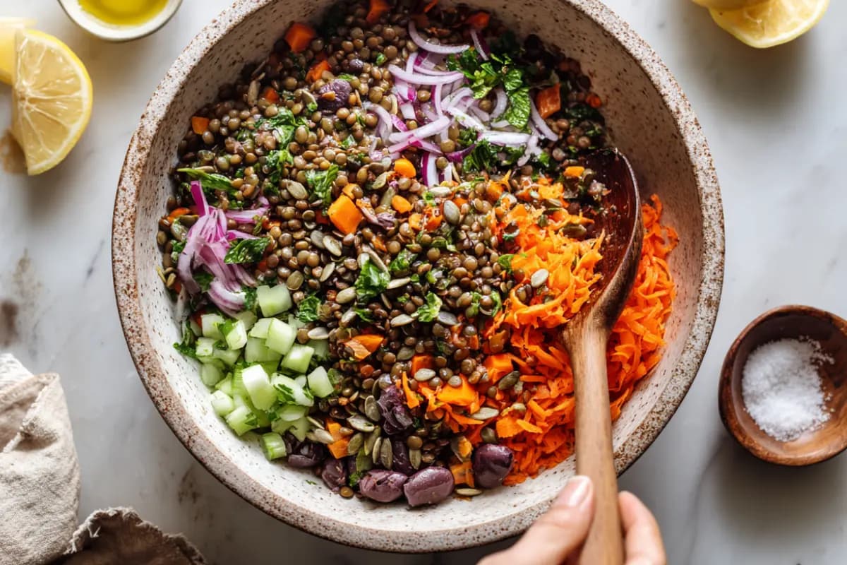 Combining Moroccan lentil carrot salad ingredients — lentils, carrots, celery, red onion, and mint in a rustic bowl