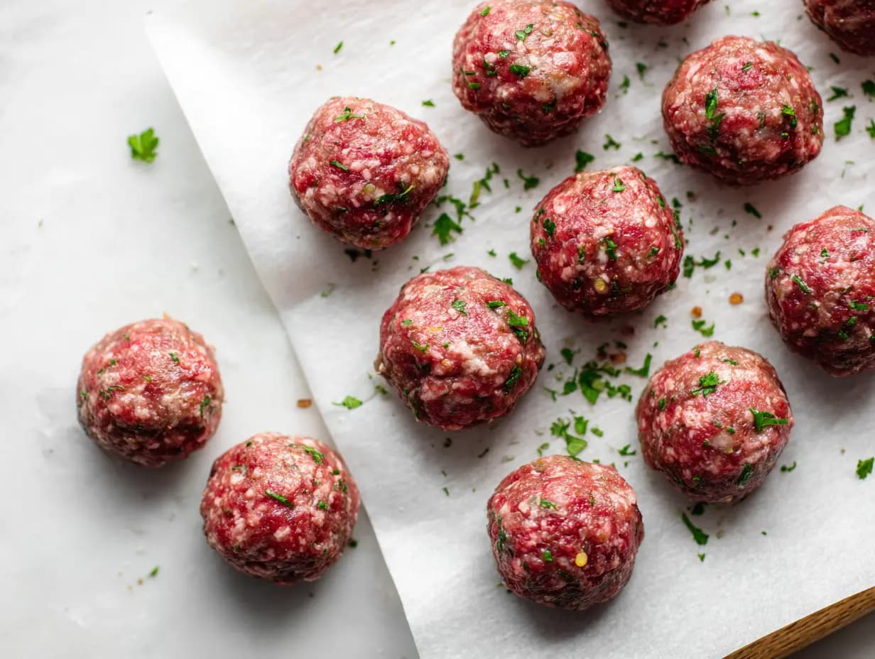 Raw Salisbury steak meatballs rolled and arranged on parchment paper, with chopped parsley sprinkled on top, ready for slow cooking.