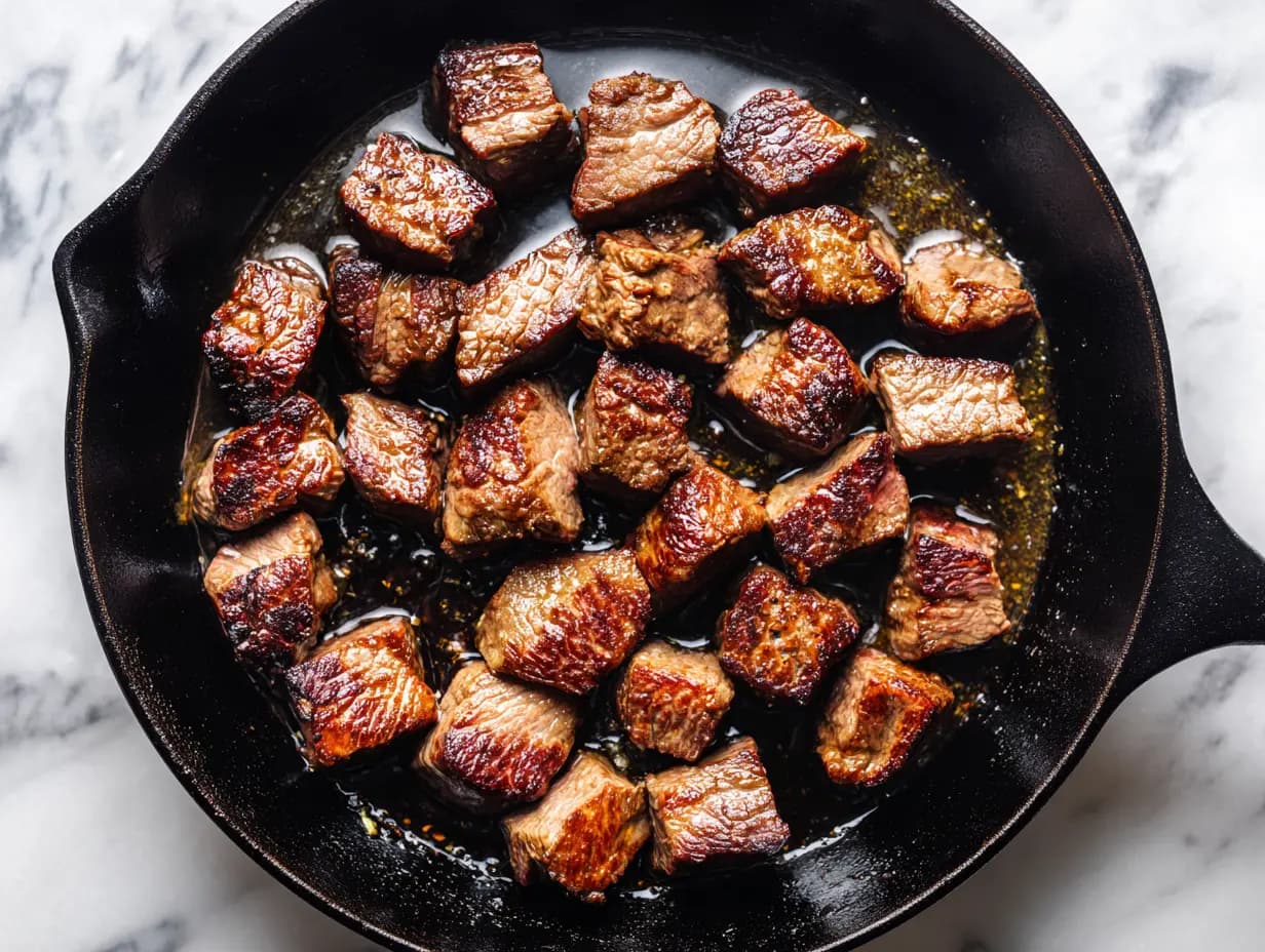 Searing sirloin steak cubes in a cast iron skillet with golden-brown edges and olive oil, on a marble countertop