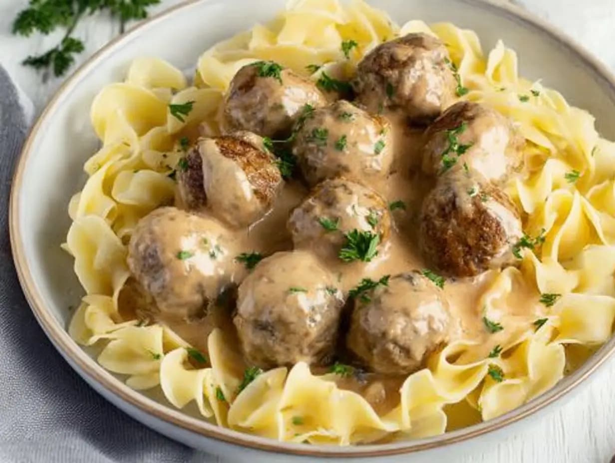 Creamy Swedish meatballs served over egg noodles and topped with fresh parsley in a shallow bowl