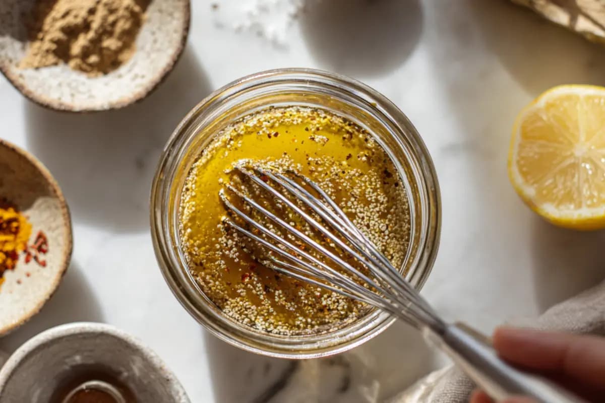 Whisking golden Moroccan lentil carrot salad dressing made with olive oil, lemon, and spices in a glass jar