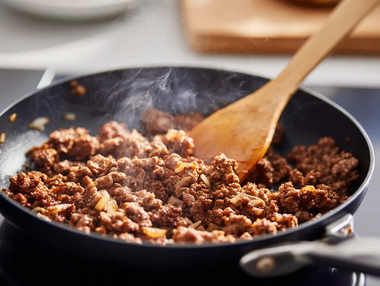 Ground beef browning in a skillet with diced onions, stirred with a wooden spoon over medium heat.