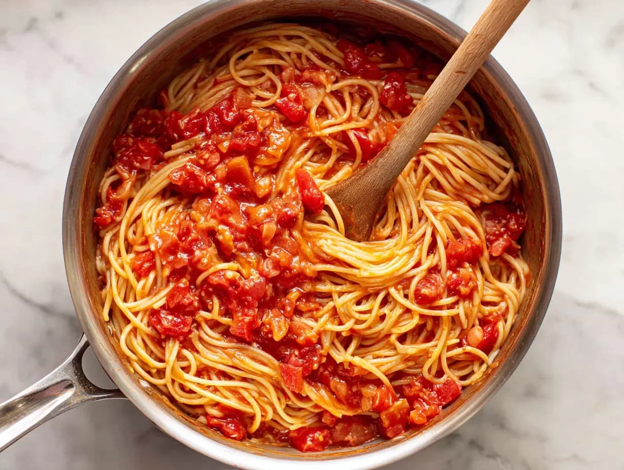 Mixing spaghetti with tomato sauce and melted cream cheese for baked casserole