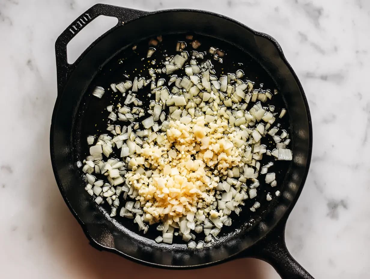 Diced onions turning translucent with minced garlic just added in a cast iron skillet with olive oil on a marble surface