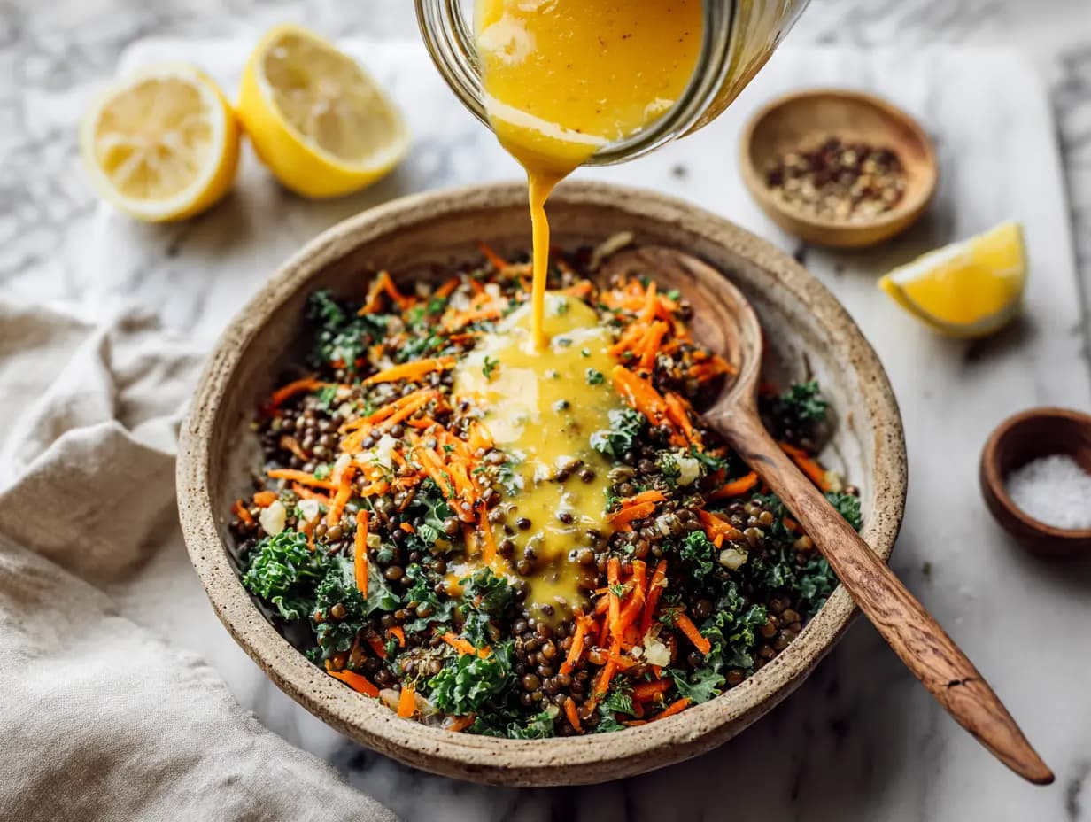 Pouring golden Moroccan dressing over lentil carrot salad with kale in a rustic bowl