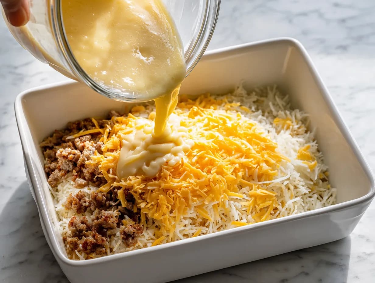 Pouring whisked egg mixture over layers of shredded hash browns, cooked turkey sausage, and cheddar cheese in a white casserole dish to assemble a sausage hashbrown breakfast casserole.