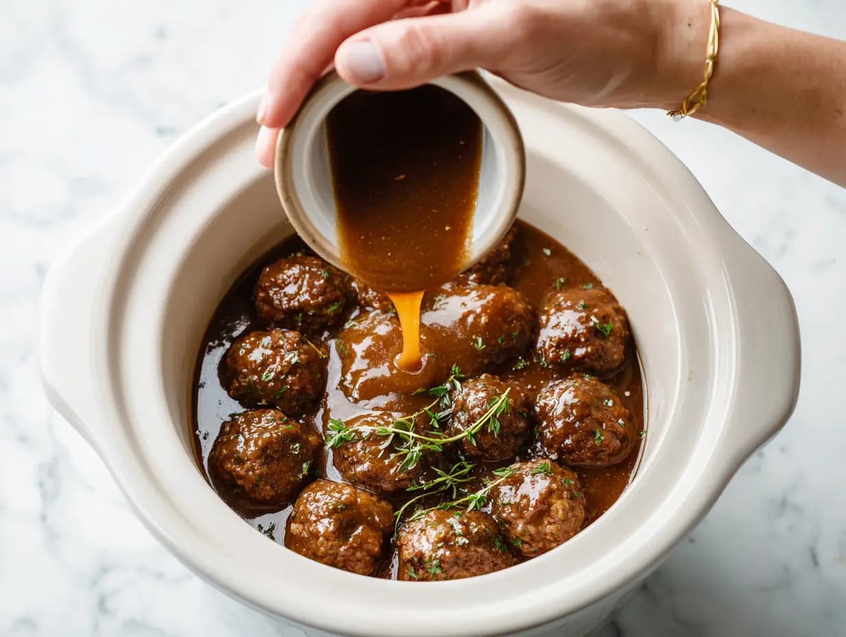 Pouring rich brown gravy over Salisbury steak meatballs in a white slow cooker, with fresh thyme garnish on top, ready to slow cook.