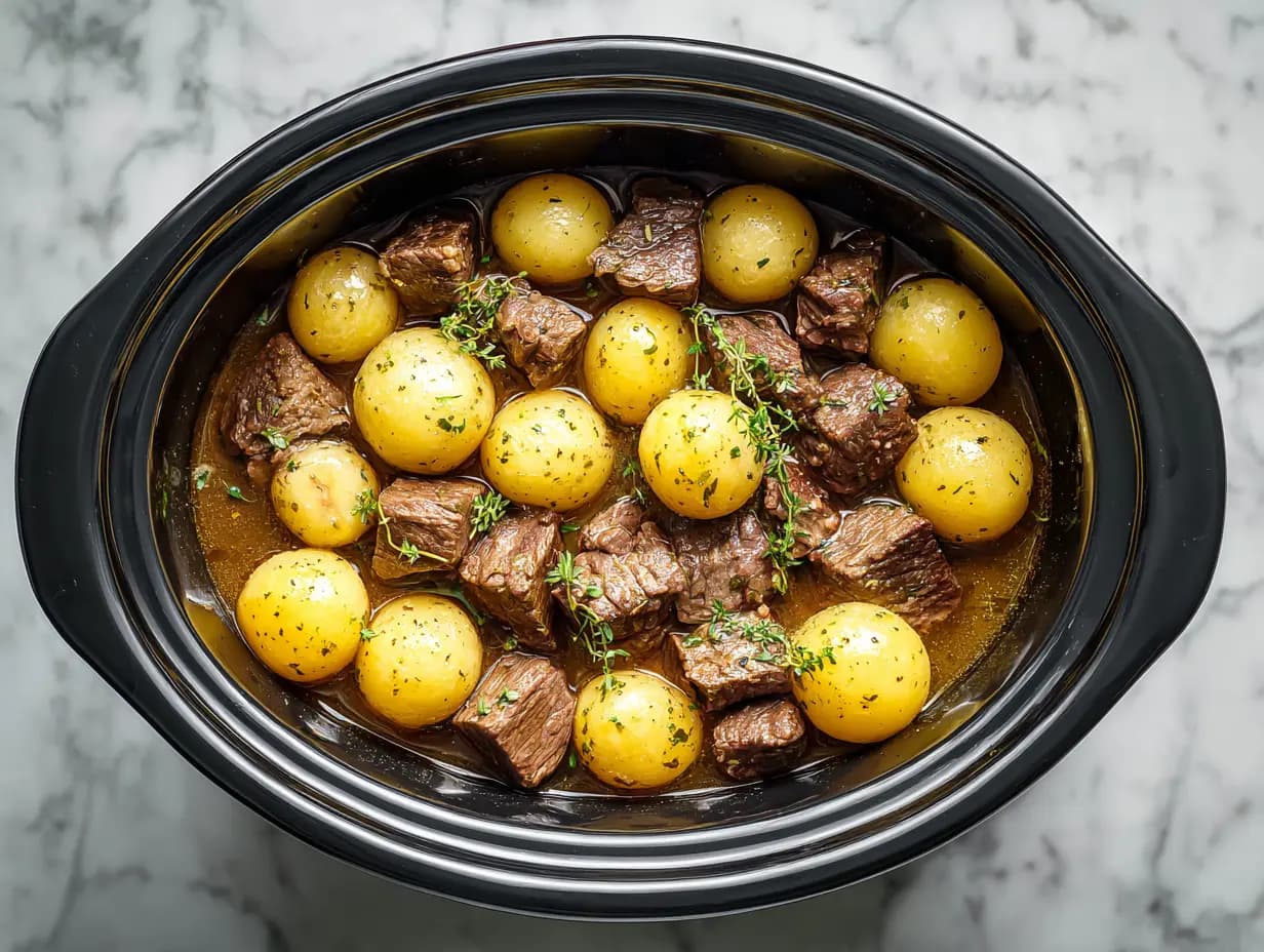 Crockpot filled with browned steak cubes, halved baby potatoes, and fresh thyme in beef broth, ready to slow cook