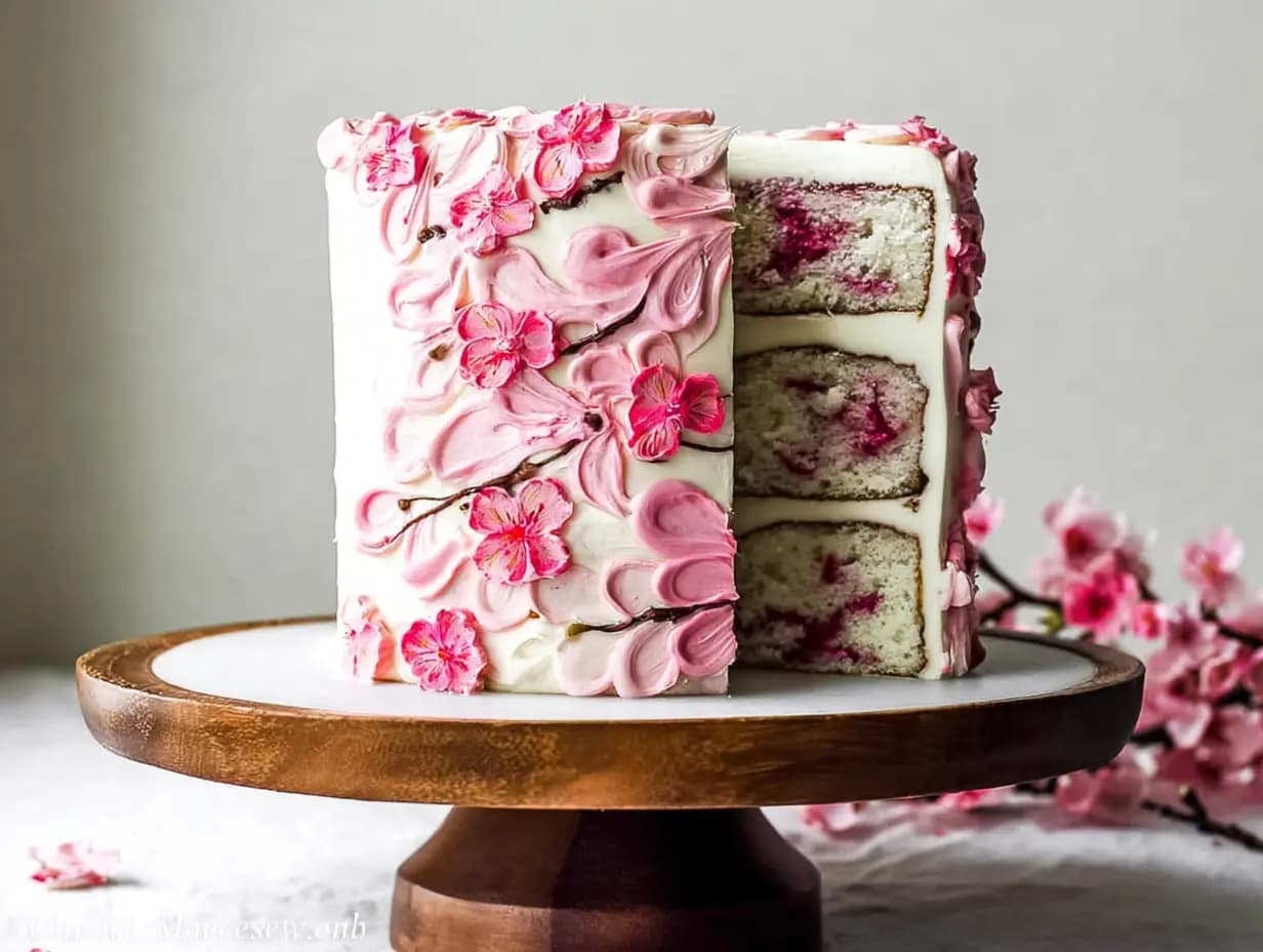 A beautifully decorated cherry blossom cake displayed on a wooden cake stand