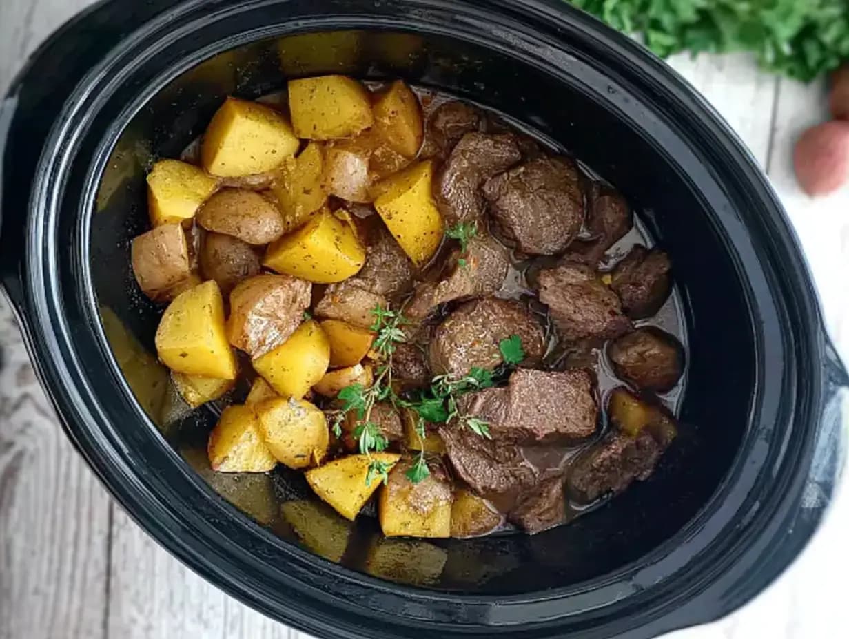 Slow-cooked steak and baby potatoes in a crockpot, tender and coated in rich beef broth with fresh herbs