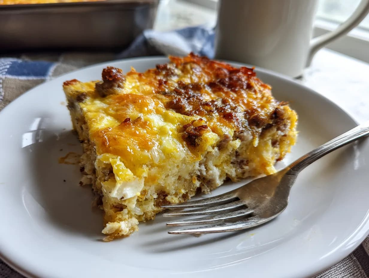 Slice of homemade sausage hashbrown breakfast casserole on a white plate with a fork, showing melted cheese, sausage pieces, and golden crispy edges in soft morning light.