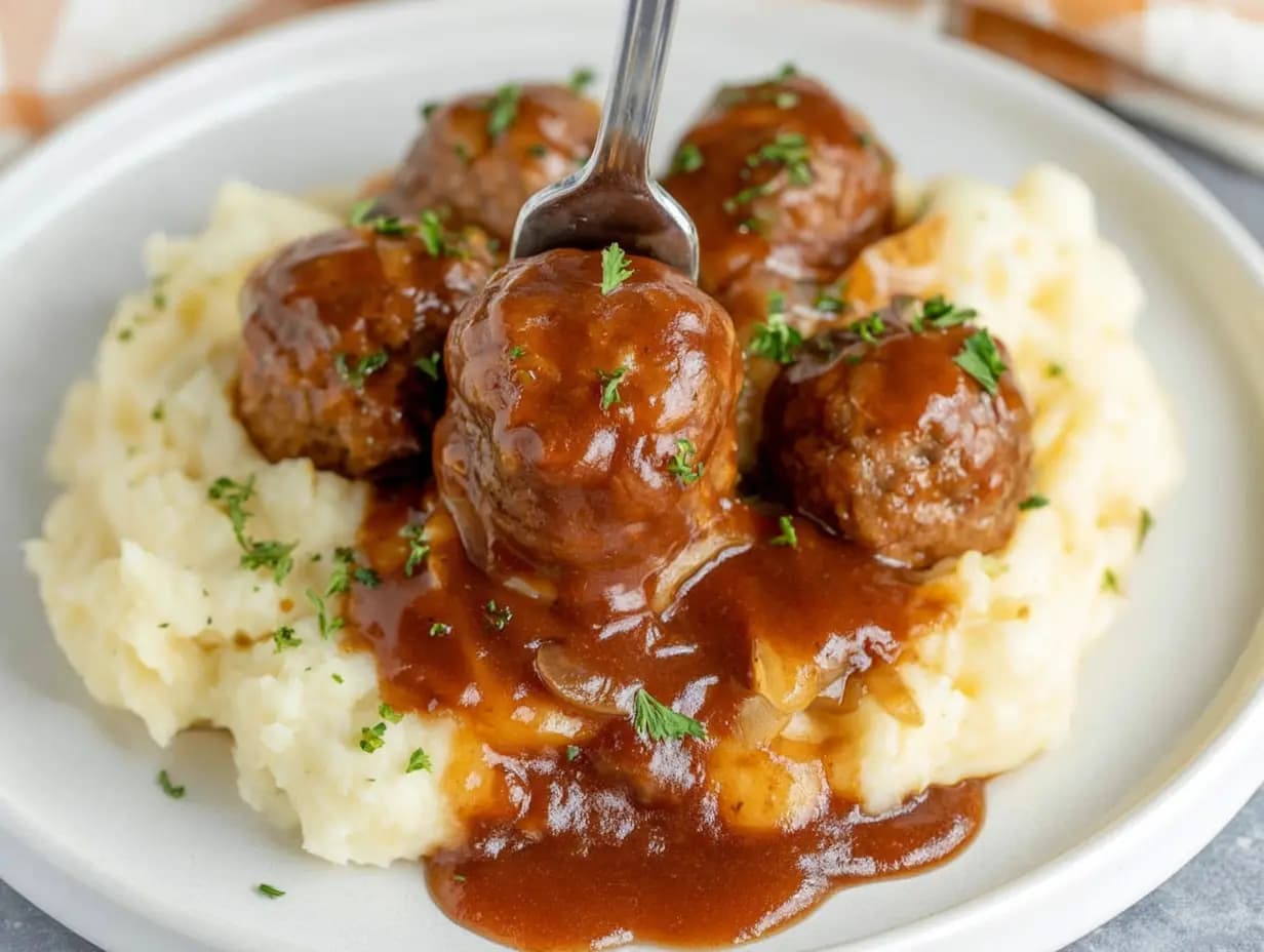 Slow cooker Salisbury steak meatballs served over creamy mashed potatoes, smothered in rich brown gravy and garnished with chopped parsley, with a fork lifting one meatball.