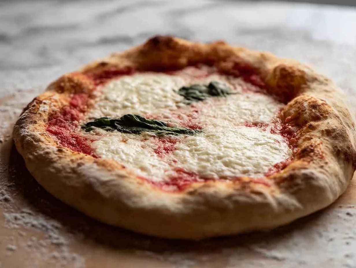 Freshly baked Neapolitan pizza with melted mozzarella, tomato sauce, and basil on a floured surface.