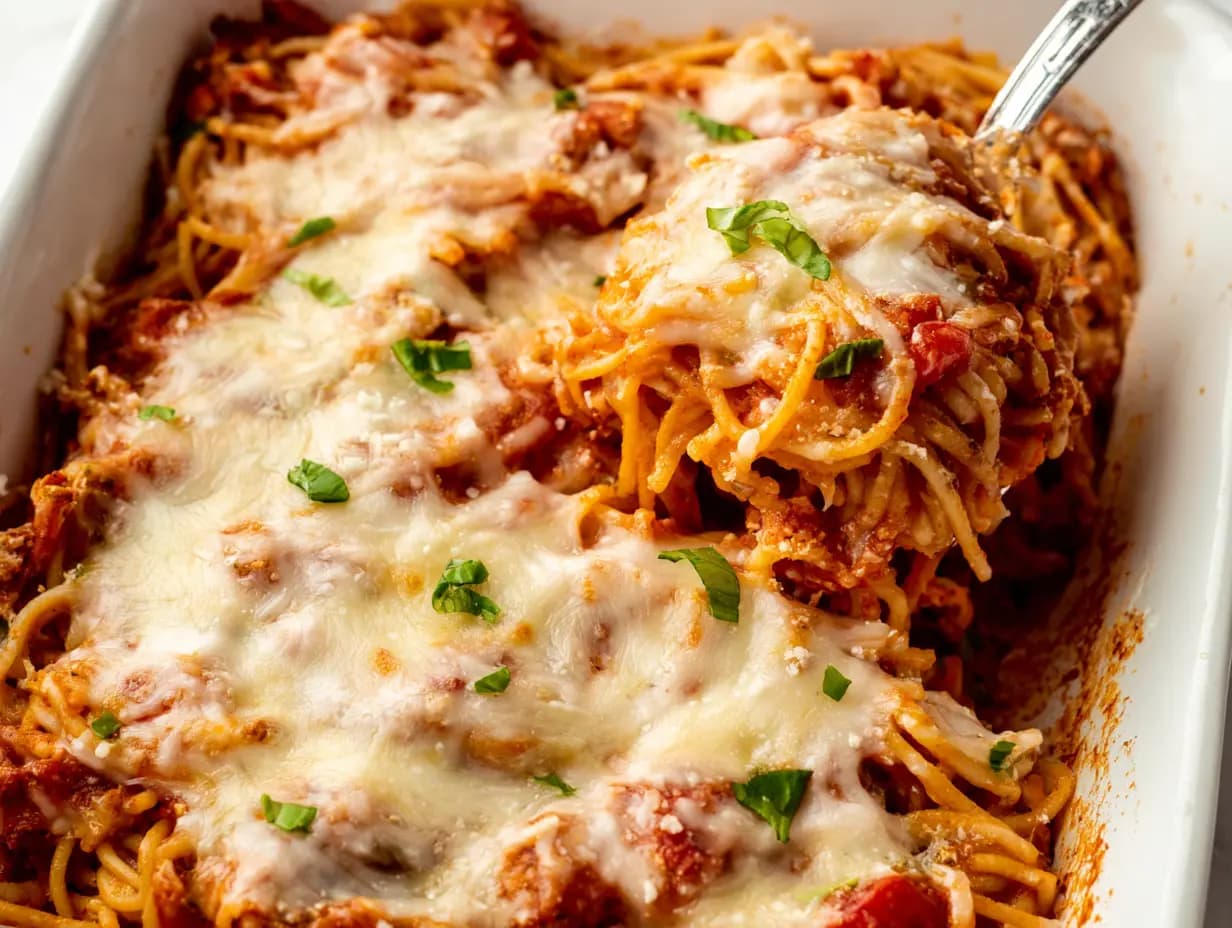 Serving baked cream cheese spaghetti casserole with melted cheese and tomato sauce in a white baking dish