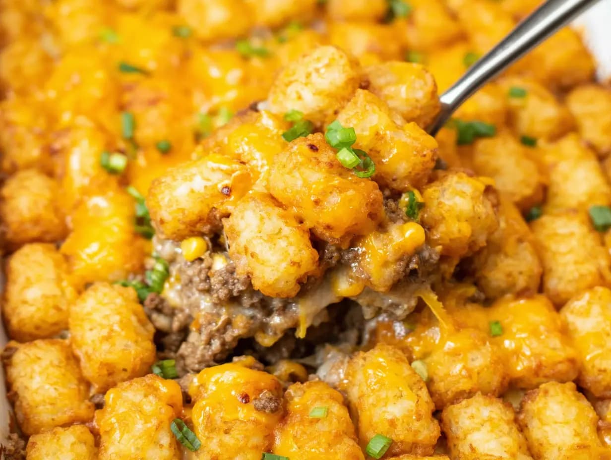 Spoon serving a cheesy tater tot casserole with ground beef, melted cheddar, and golden crispy tater tots topped with green onions.