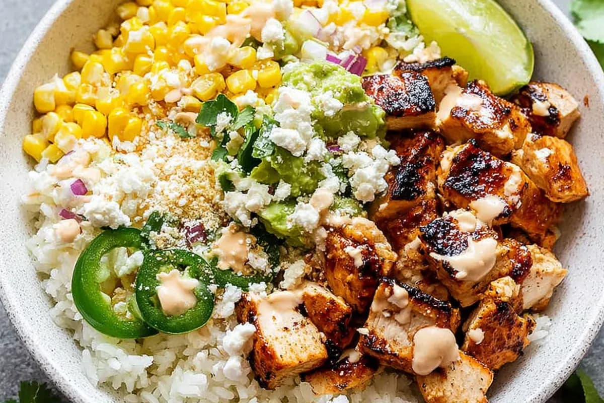 Street corn chicken rice bowl with grilled chicken, corn, avocado, and toppings