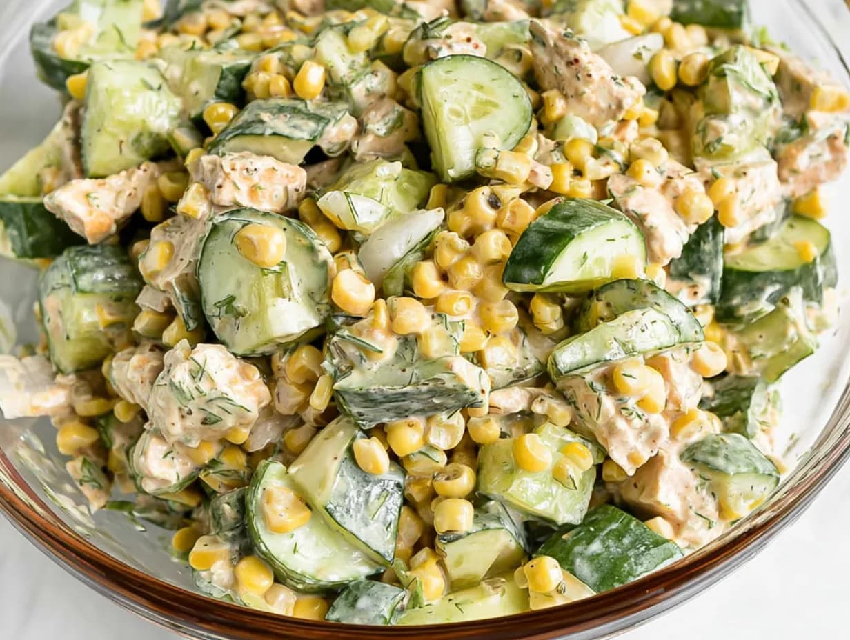 Bowl of creamy Street Corn Cucumber Salad with corn, cucumber, and chicken.