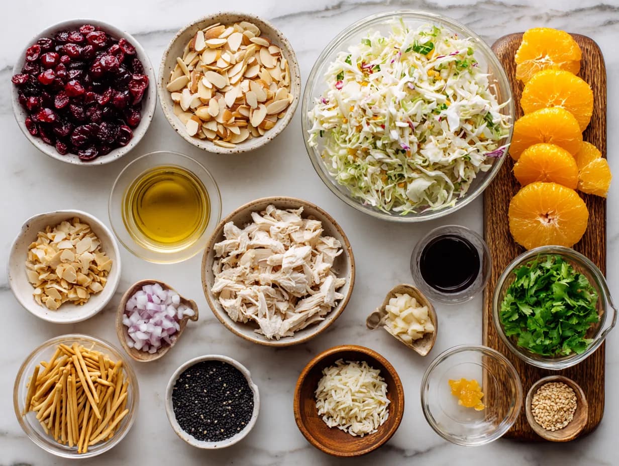 Ingredients for Asian Chicken Cranberry Salad neatly arranged on marble surface