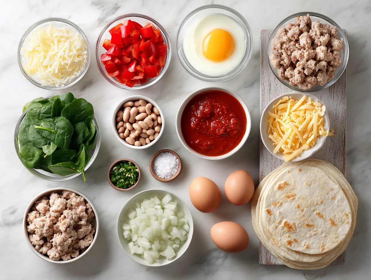 Top-down view of raw ingredients for breakfast enchiladas recipe, neatly arranged on a clean white marble surface, whole red bell pepper and diced bell pepper in a glass bowl, chopped white onion in one small bowl, fresh baby spinach in a bowl, raw turkey breakfast sausage in packaging with some crumbled raw sausage in a small bowl, pinto beans in a bowl, diced green chiles in a small bowl, whole eggs and a small bowl of beaten eggs, red enchilada sauce in a bowl, shredded Mexican cheese, stack of flour tortillas on a wooden board, small bowls of salt and pepper, clean spacing, minimal clutter, natural daylight, soft shadows, modern cookbook flat lay, realistic food textures