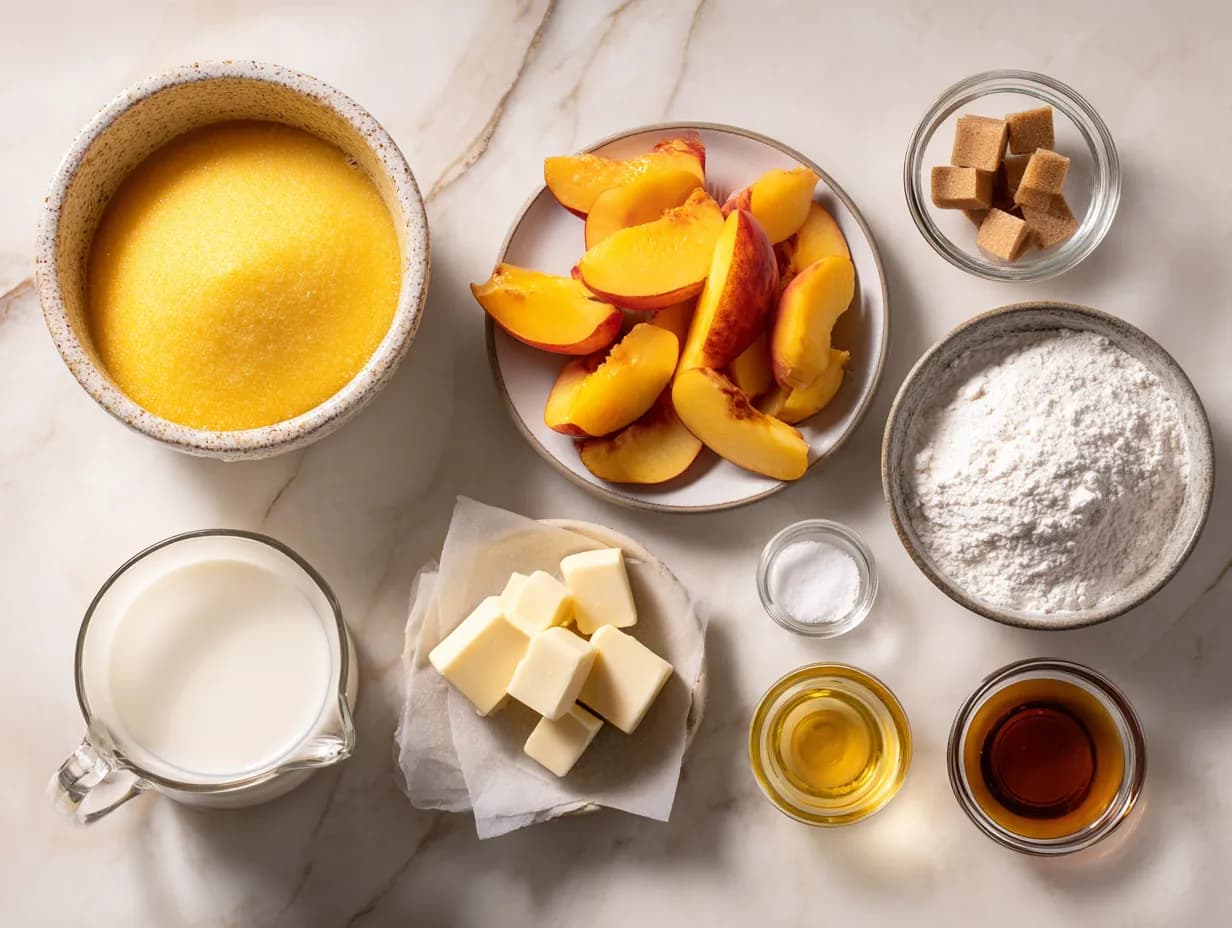 Top-down photo of Brown Sugar Peach Cake ingredients on a white marble surface