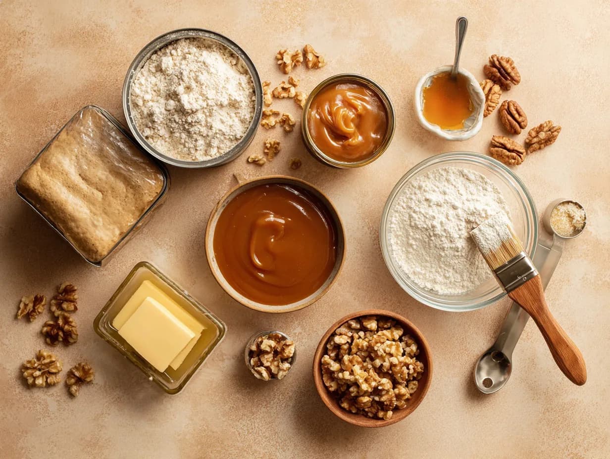 Top-down photo of Caramel Apple Dump Cake ingredients arranged on a warm beige surface, including caramel sauce, butter, spice cake mix, flour, and chopped walnuts in small bowls.