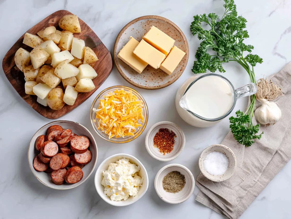 Overhead shot of ingredients for cheesy ranch potatoes and smoked sausage casserole on white marble: boiled potatoes, smoked sausage slices, butter, shredded cheese, milk, and parsley.