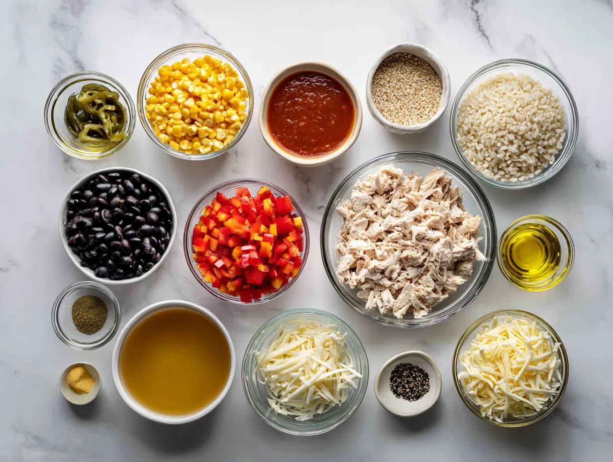 Chicken Burrito Casserole ingredients arranged on a white marble surface — shredded chicken, rice, black beans, corn, red bell pepper, green chilies, cheese, olive oil, and seasonings in glass bowls.