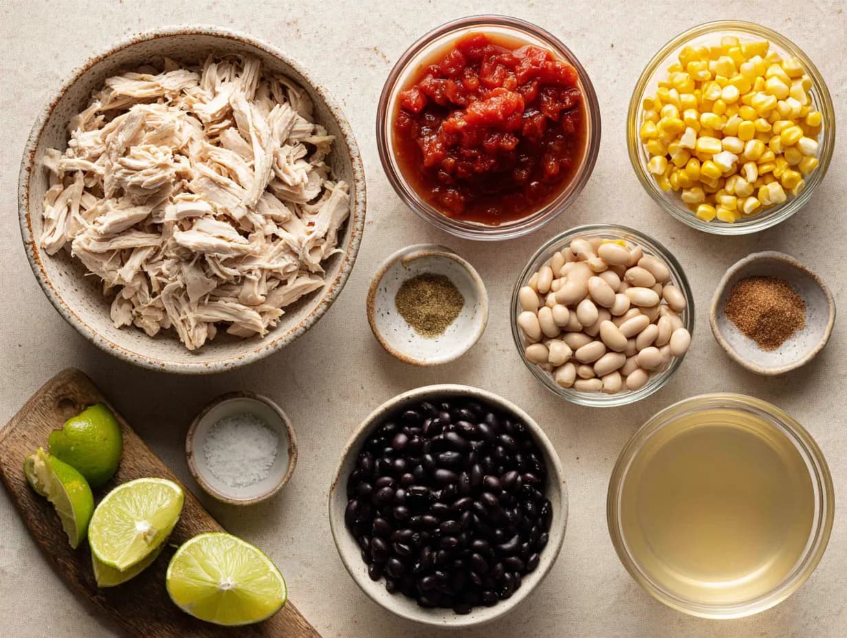 Top-down photo of chicken taco soup ingredients including shredded chicken, beans, corn, tomatoes, lime, broth, and spices on a neutral surface