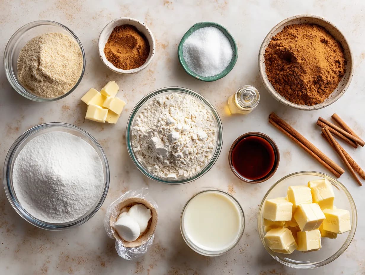 Cinnamon roll pancake ingredients flat lay