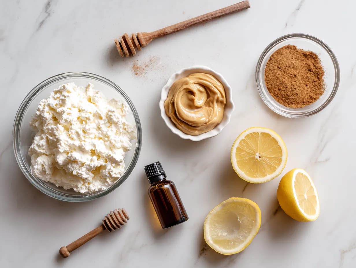 Cottage cheese, peanut butter, honey, lemon, cinnamon, and vanilla extract laid out for a healthy dip