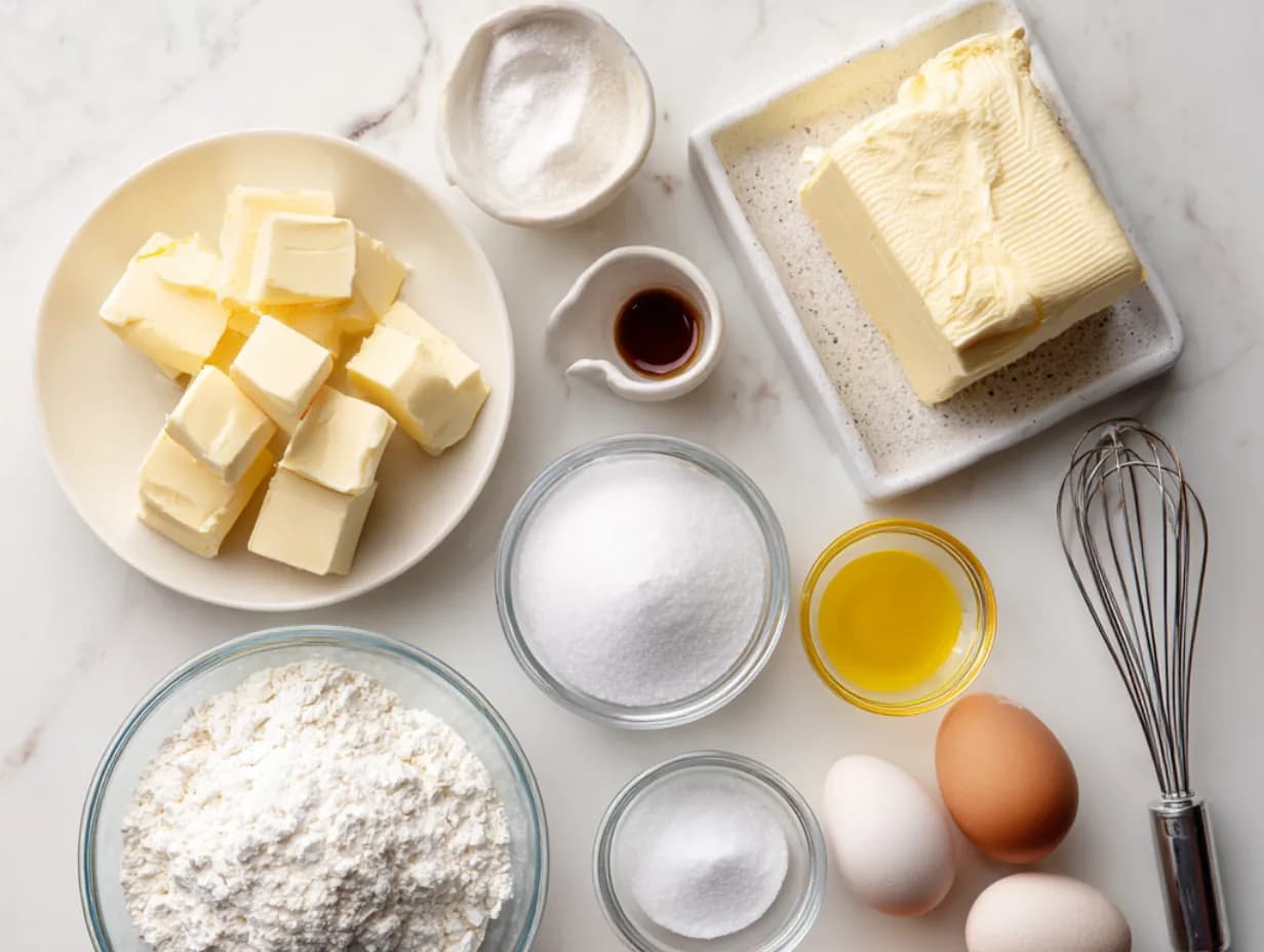 Ingredients for cream cheese pound cake arranged on a white marble surface