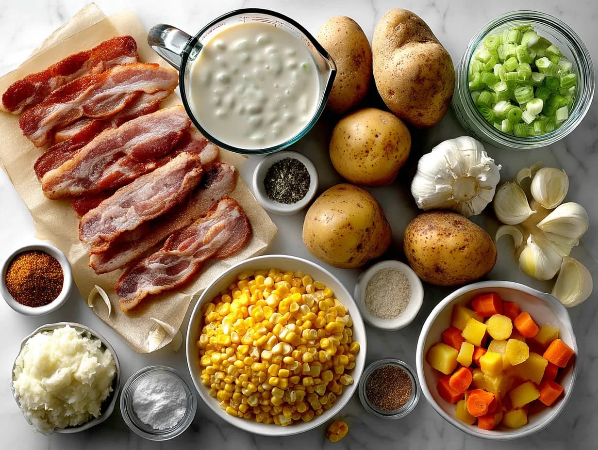 Top-down flat lay of creamy corn chowder ingredients including bacon, corn, potatoes, garlic, and vegetables on white marble, cozy cookbook style.