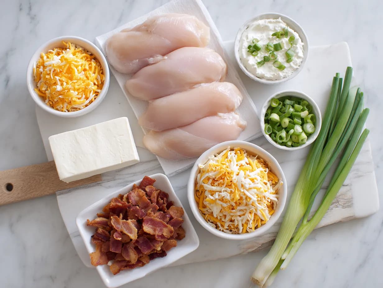Ingredients for creamy crockpot crack chicken including chicken breasts, cream cheese, shredded cheddar, crispy bacon, and green onions arranged on a white marble board.