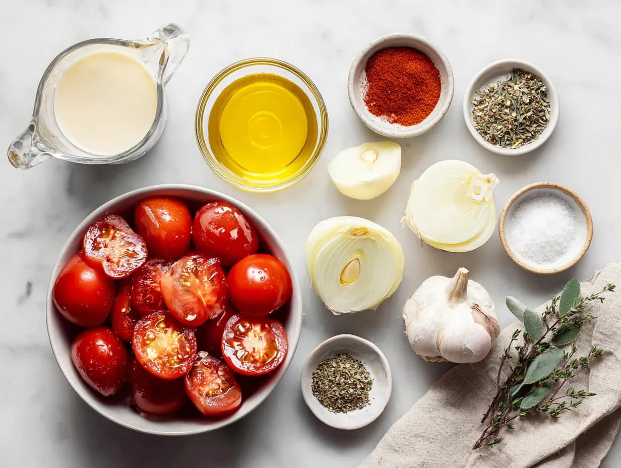 Fresh Roma tomatoes, garlic, onion, olive oil, and herbs arranged neatly for creamy roasted garlic tomato soup ingredients