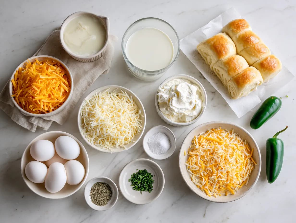 Ingredients for Crescent Roll Breakfast Casserole on white marble