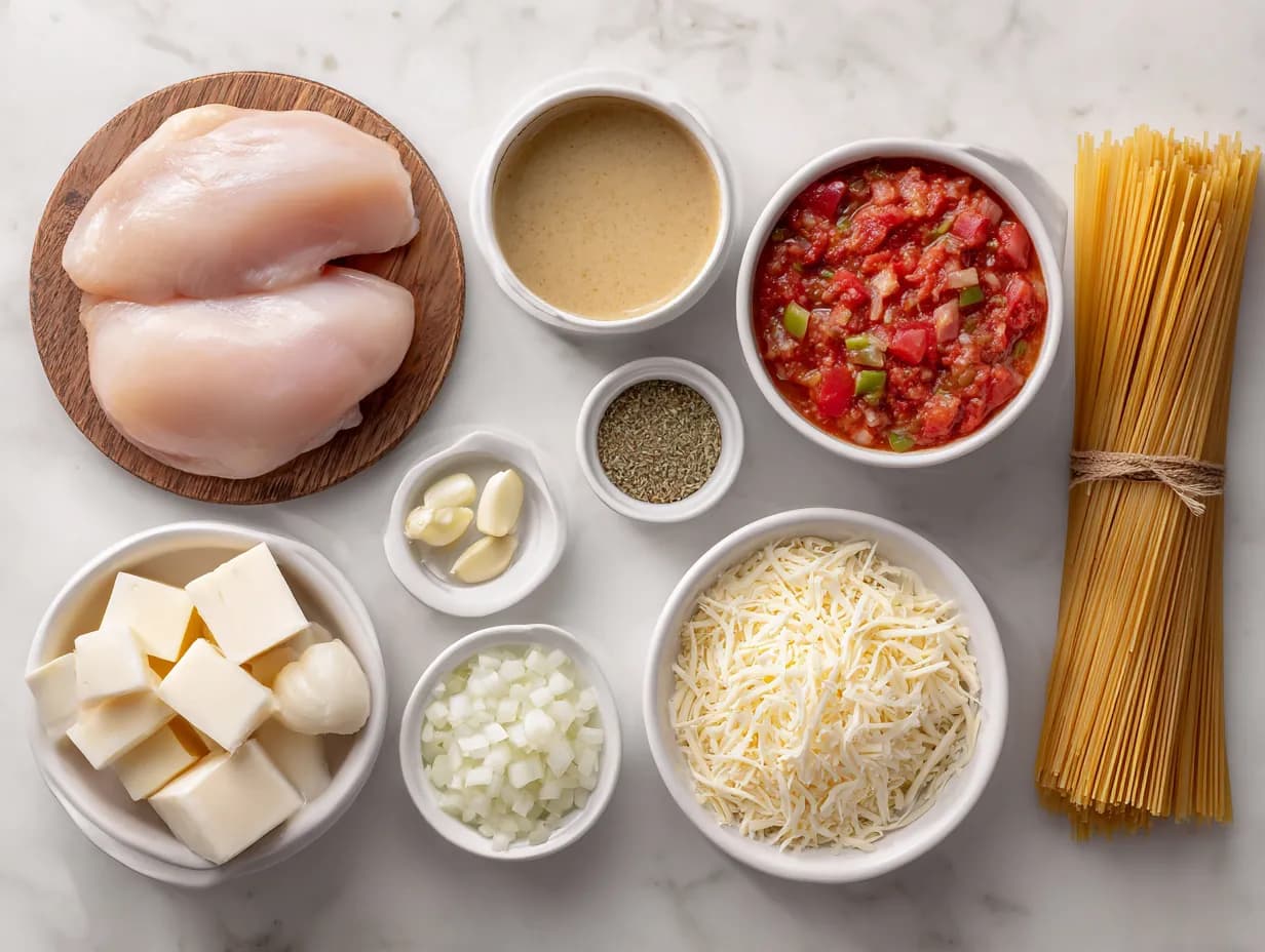 Ingredients for crockpot chicken spaghetti including raw chicken breasts, diced tomatoes with green chiles, cream soups, garlic, onion, Italian seasoning, cream cheese cubes, shredded cheddar cheese, and a bundle of dried spaghetti arranged neatly on a white marble surface.