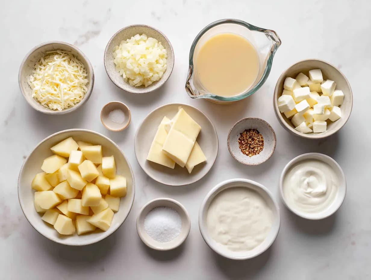 Crockpot Potato Soup ingredients arranged on a white marble surface, including potatoes, onion, butter, sour cream, and broth.