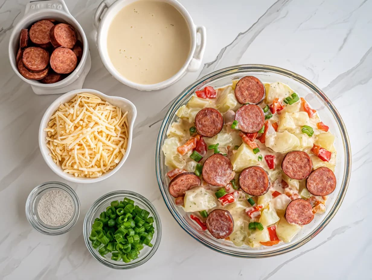 Crockpot Cheesy Potatoes and Kielbasa ingredients displayed neatly