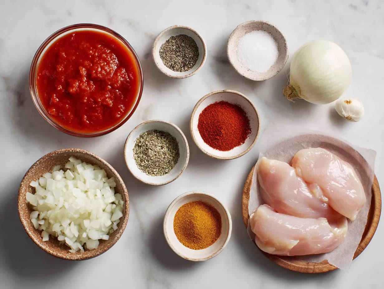crockpot chicken taco ingredients laid out on marble surface
