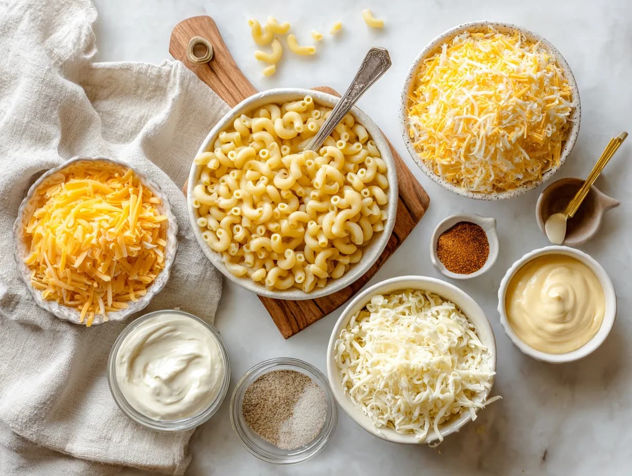 Crockpot mac and cheese ingredients arranged neatly on marble with macaroni, shredded cheddar, Gruyère, sour cream, and mayonnaise.