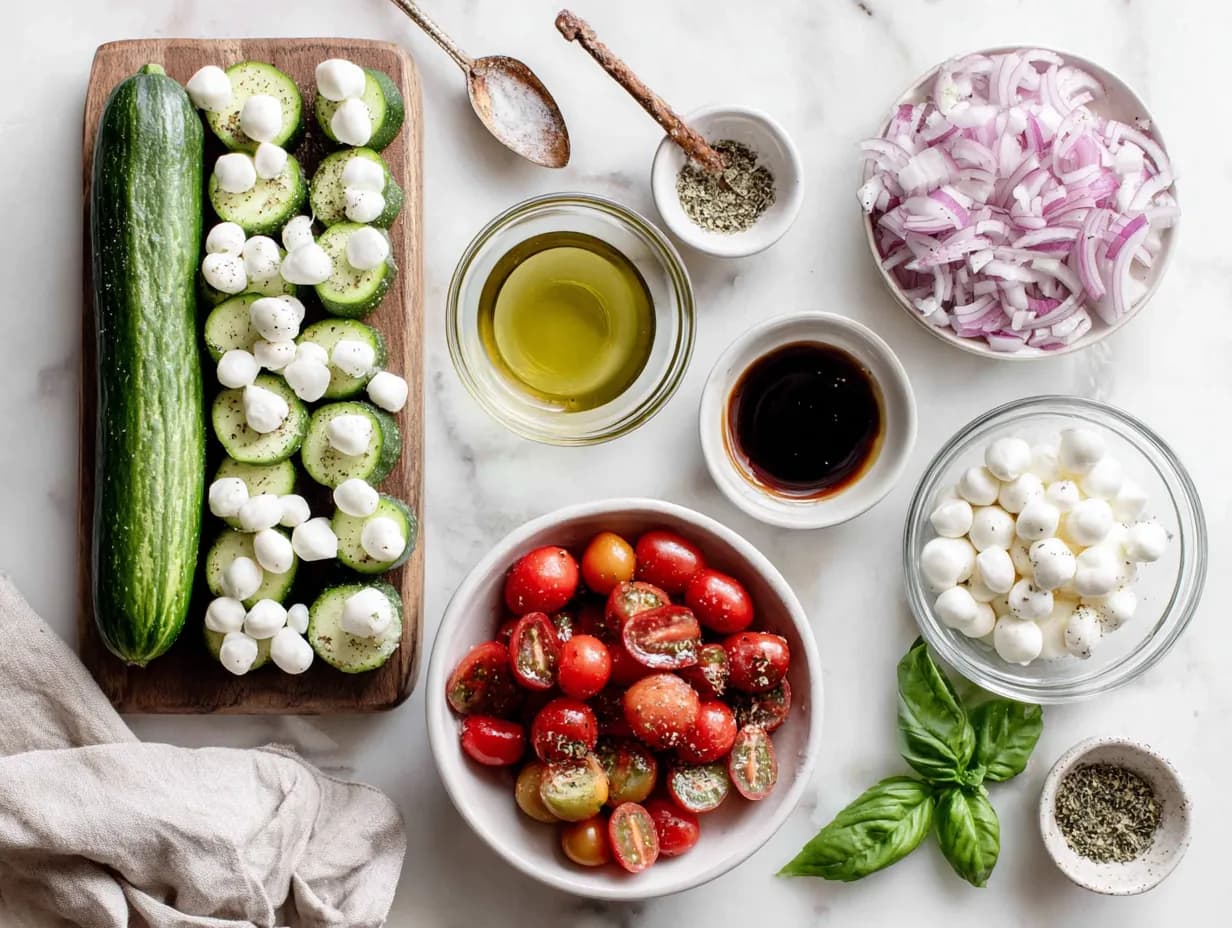 Overhead shot of Cucumber Caprese Salad ingredients on a bright white marble background