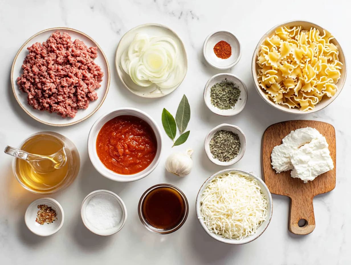 Top-down view of Easy Lasagna Soup ingredients