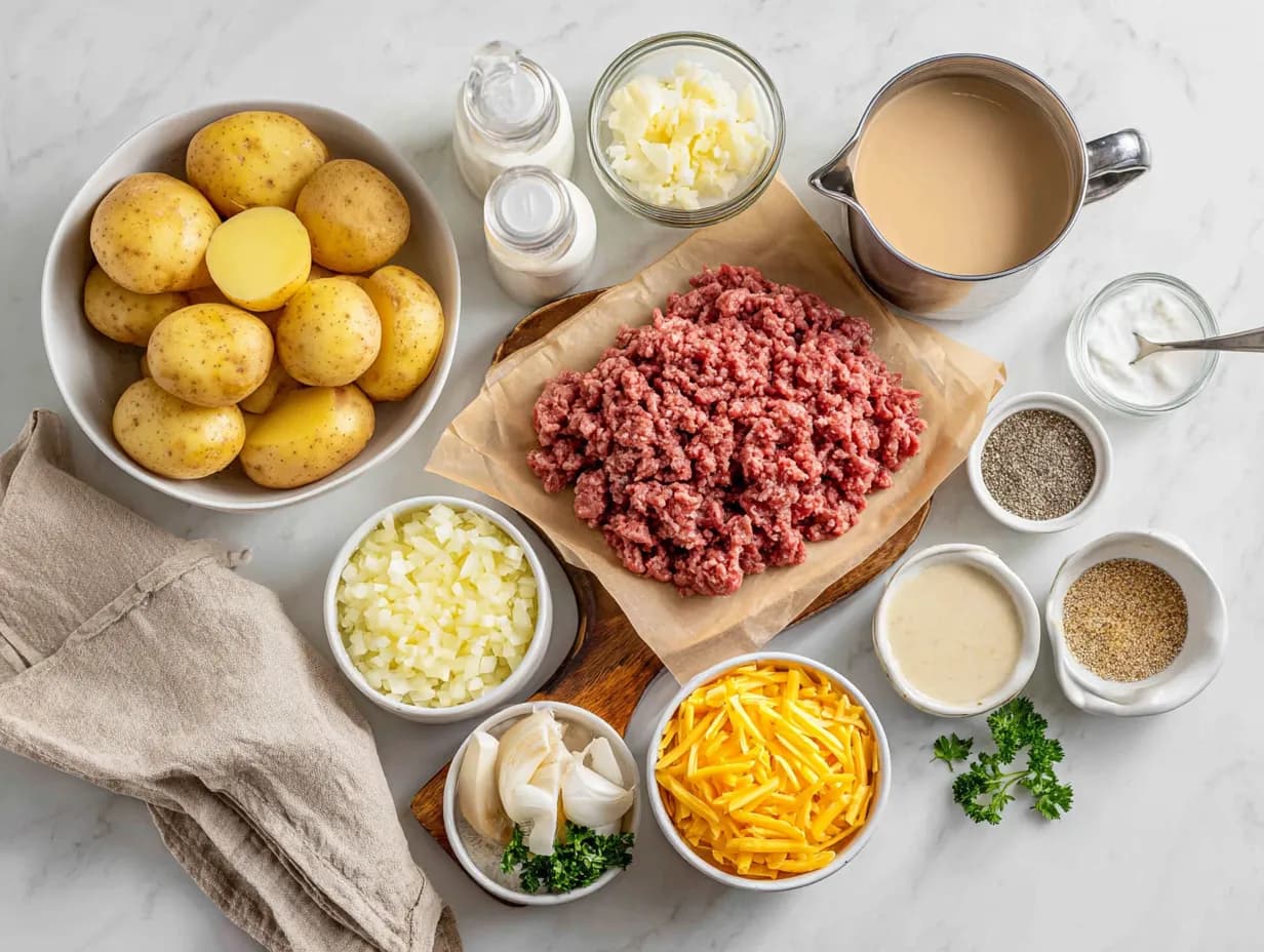 Overhead shot of Campfire Beef and Potato Casserole ingredients on a white marble surface, including potatoes, ground beef, onions, garlic, cheese, soups, and milk.