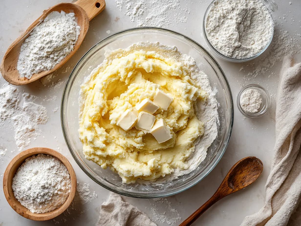 Top-down view of Irish Potato Farls ingredients with mashed potatoes, flour, and butter in a glass bowl on a floured surface.