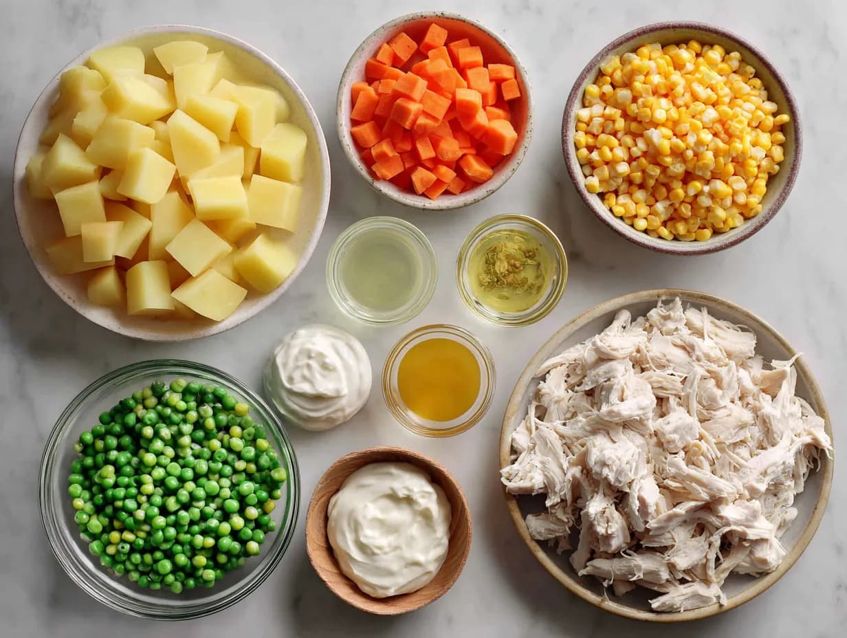 Mexican Chicken Salad ingredients arranged in bowls on a marble surface