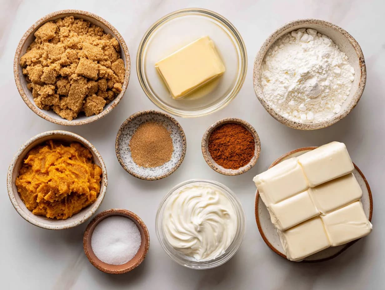 Top-down view of no bake pumpkin cheesecake ingredients including gingersnap crumbs, pumpkin puree, cream cheese, butter, sugars, and spices